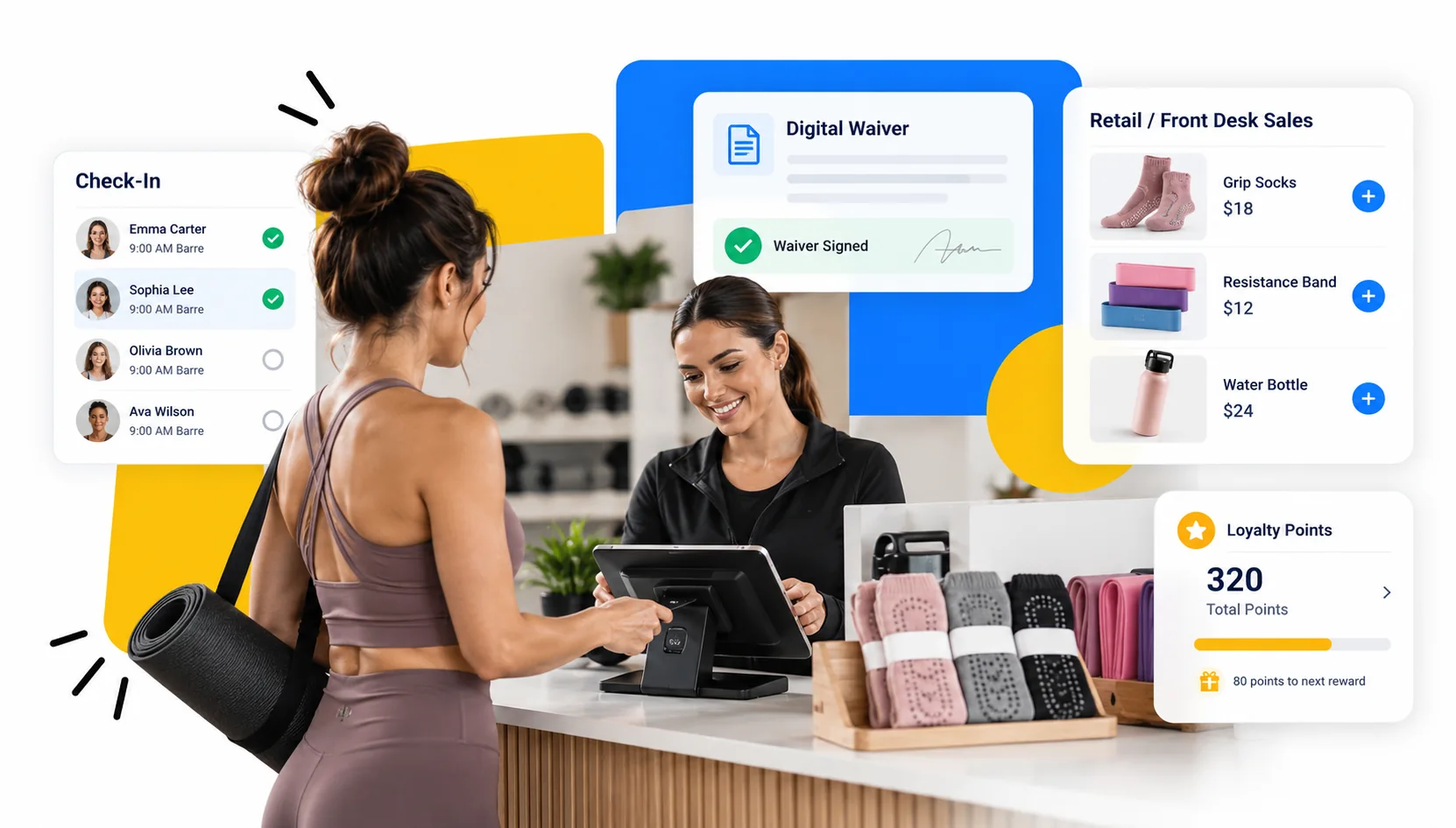 Barre studio front desk screen showing client check-in, digital waiver signing, retail point-of-sale and loyalty points in GymRoute