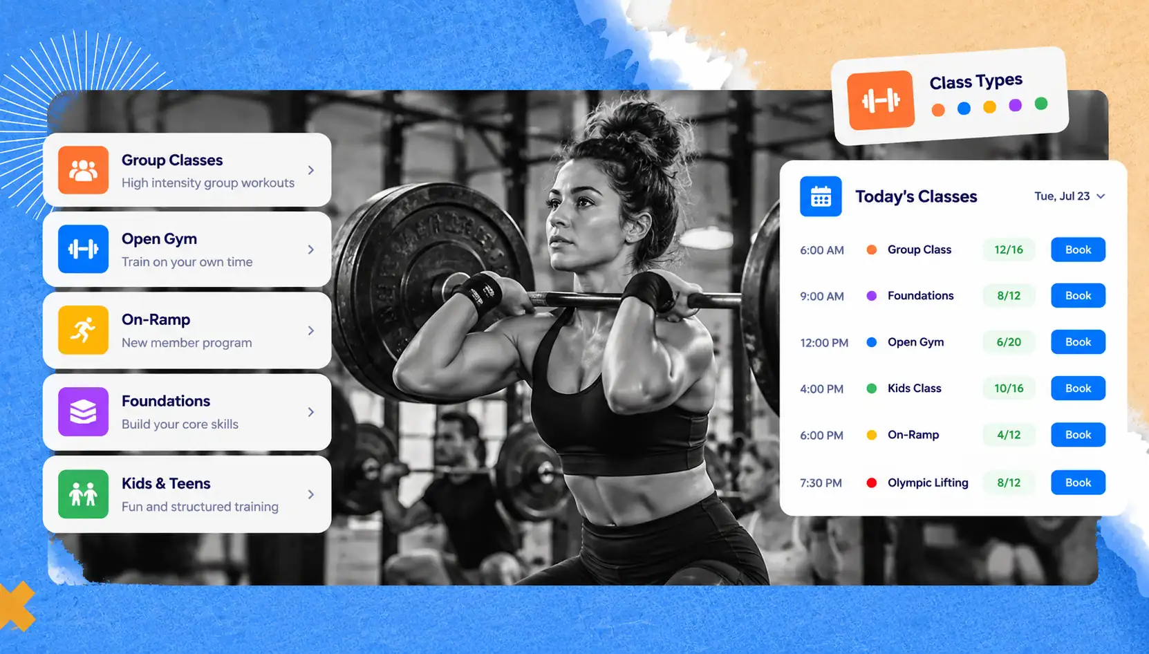 CrossFit gym app dashboard showing class types and today's class schedule with booking buttons