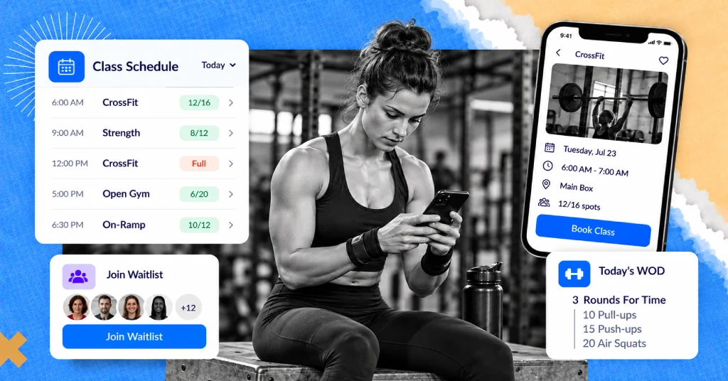 CrossFit member booking a class on a phone with a class schedule, waitlist button and daily WOD card on screen