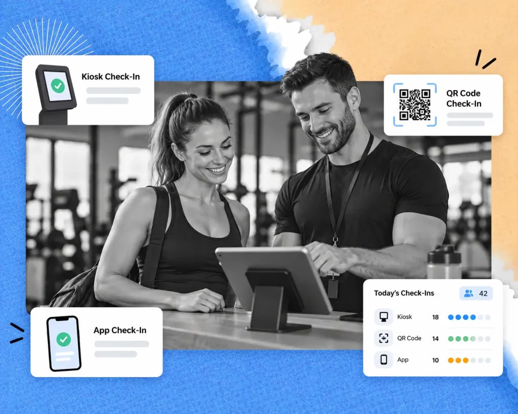 Gym member and staff using a tablet with kiosk, QR code and app check-in options and a daily check-in count