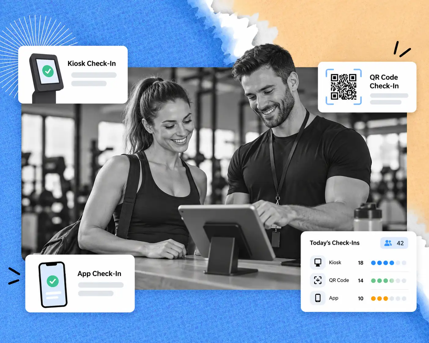 Gym member and staff using a tablet with kiosk, QR code and app check-in options and a daily check-in count
