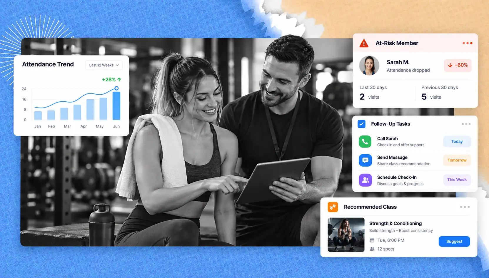 Gym attendance software showing member retention alerts and follow-up tasks for at-risk members