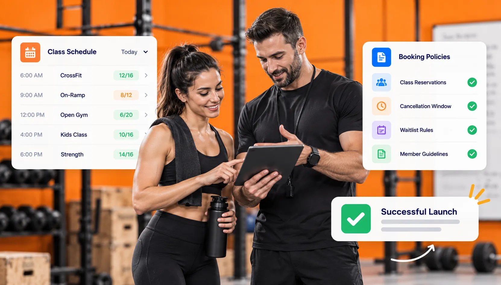 Gym staff reviewing booking app policies and class schedule on tablet after successful app launch