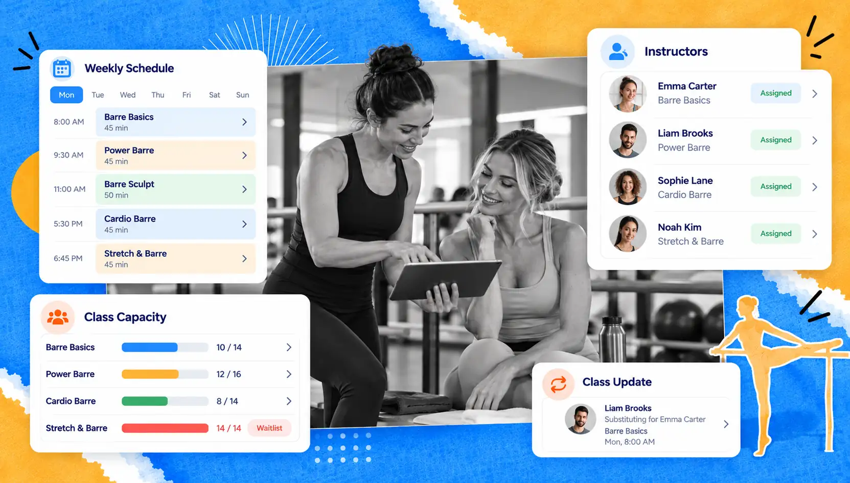 Barre studio software interface displaying weekly class schedule, instructor assignments, class capacity and instructor substitution alert