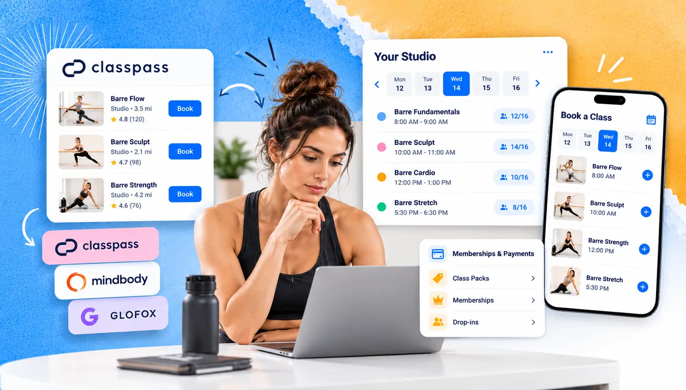 Comparison of barre studio booking through ClassPass marketplace versus direct studio schedule in GymRoute software