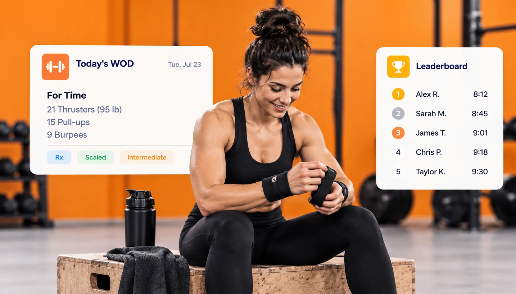 CrossFit app showing daily WOD workout and member leaderboard rankings