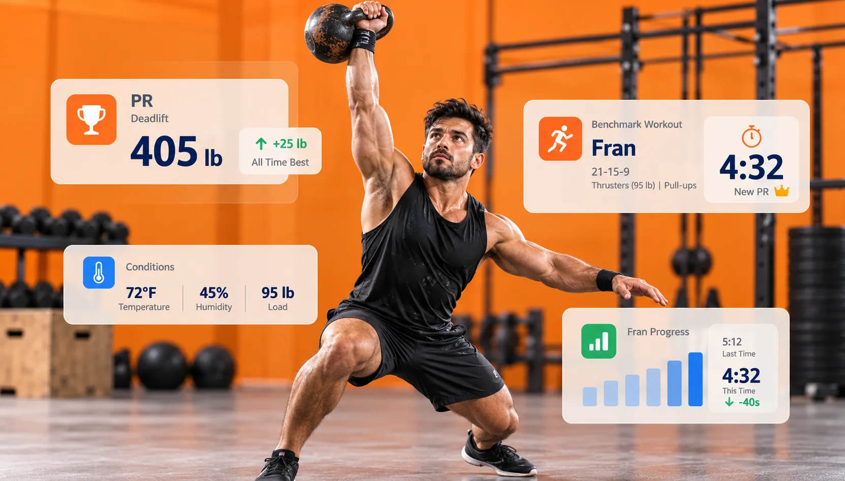 CrossFit athlete tracking personal records, Fran benchmark workout time and performance progress in GymRoute