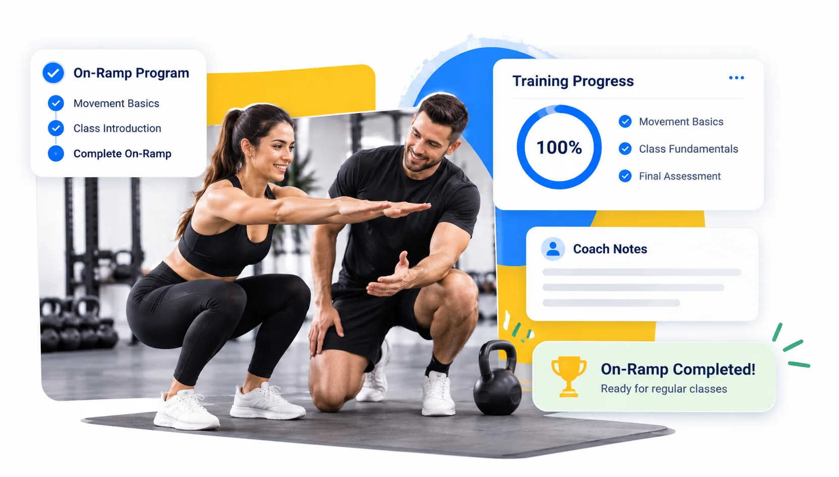 CrossFit coach reviewing athlete's completed On-Ramp program, training progress and coach notes in GymRoute