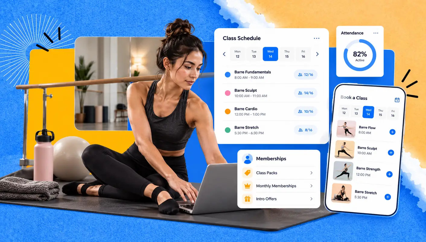 Barre studio class schedule with attendance tracking and mobile booking app shown on GymRoute client dashboard
