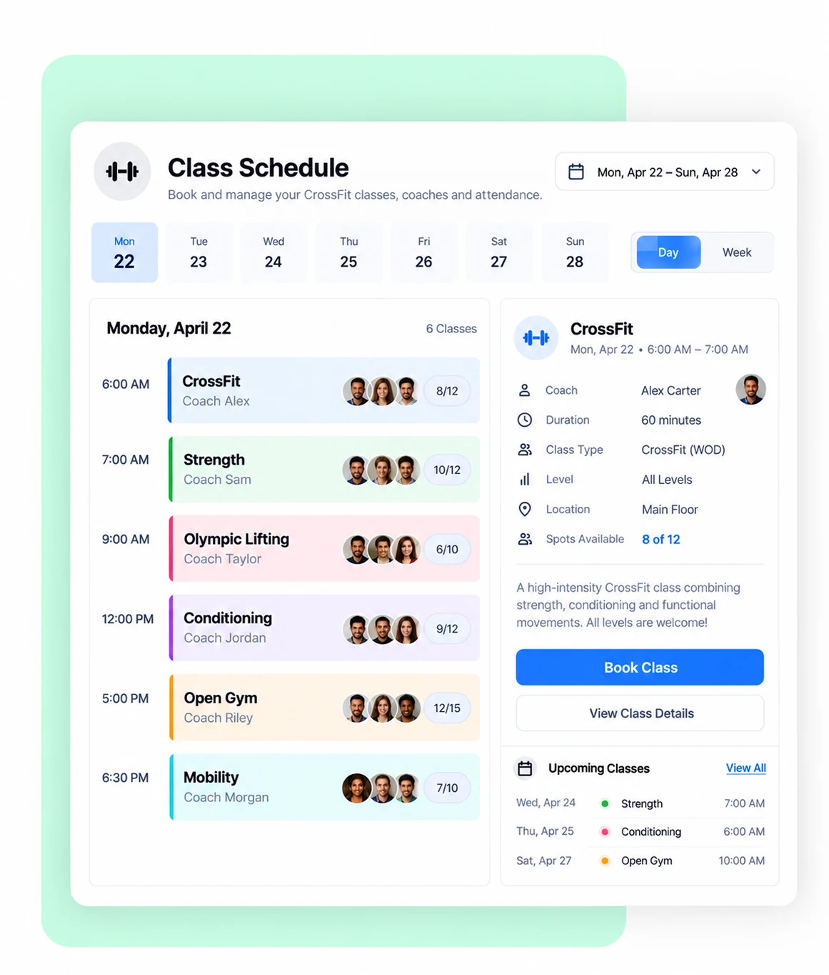CrossFit class scheduling software showing the weekly class schedule with coaches, capacity and spots available