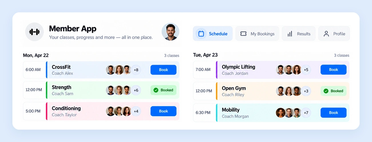 GymRoute member app for CrossFit athletes showing upcoming classes, bookings and results