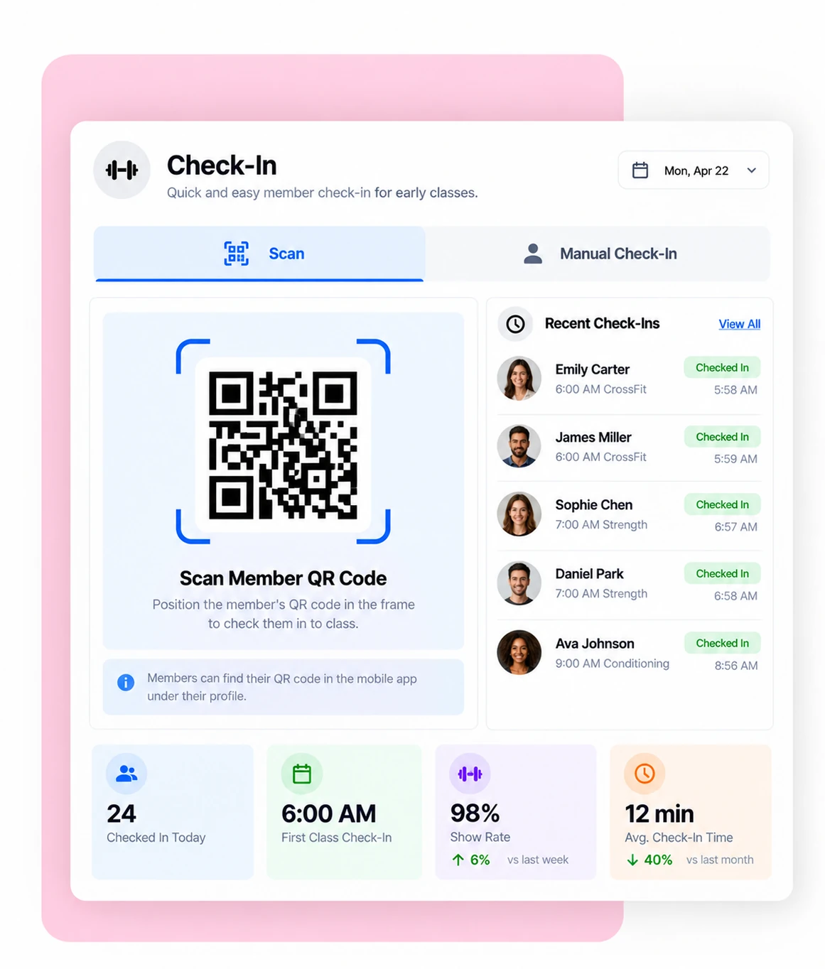CrossFit member check-in screen with QR code scan, recent check-ins and class attendance stats