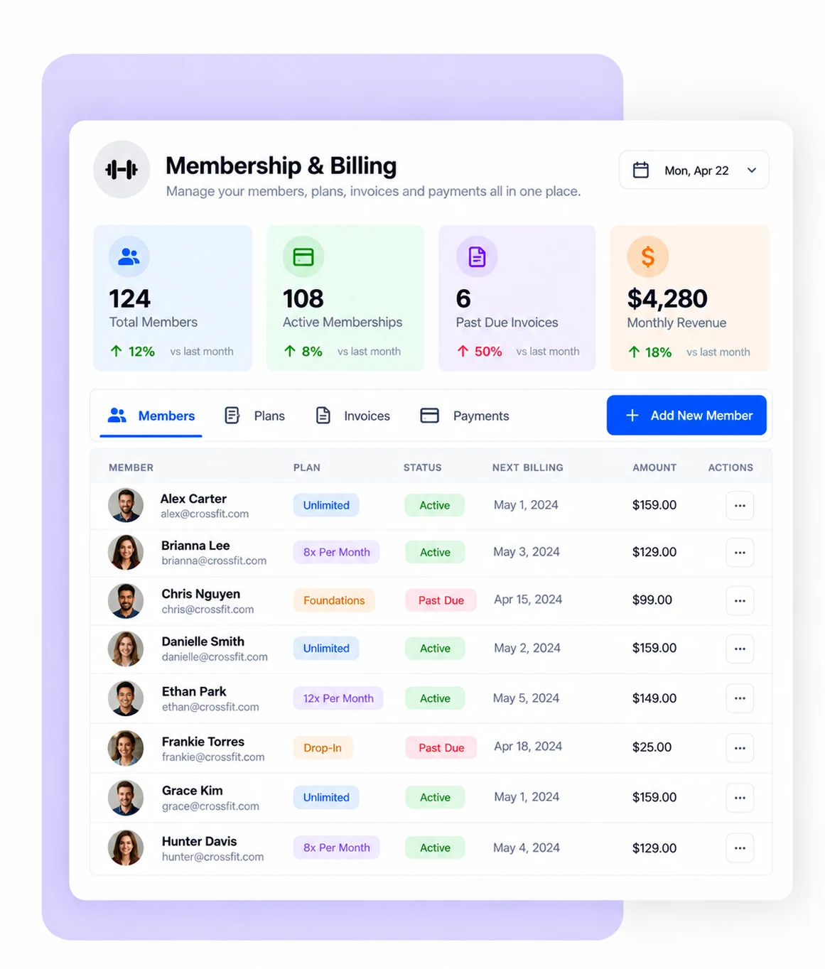 CrossFit membership and billing software showing members, plans, invoices and past due payments