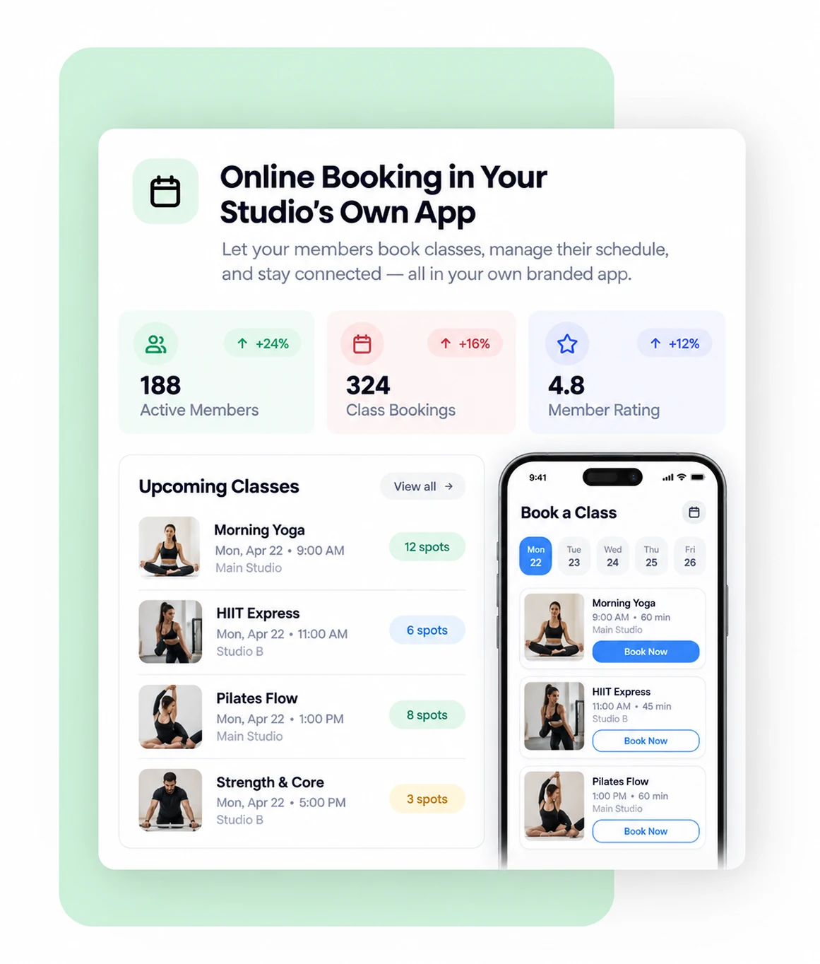 Fitness studio booking app with upcoming classes and online class booking