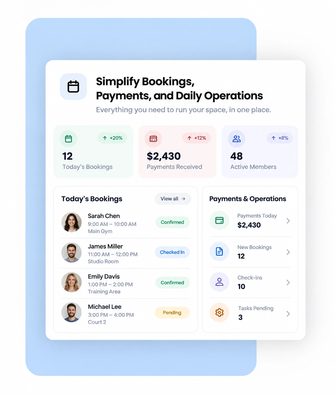 Fitness studio dashboard with today's bookings, payments received and daily operations