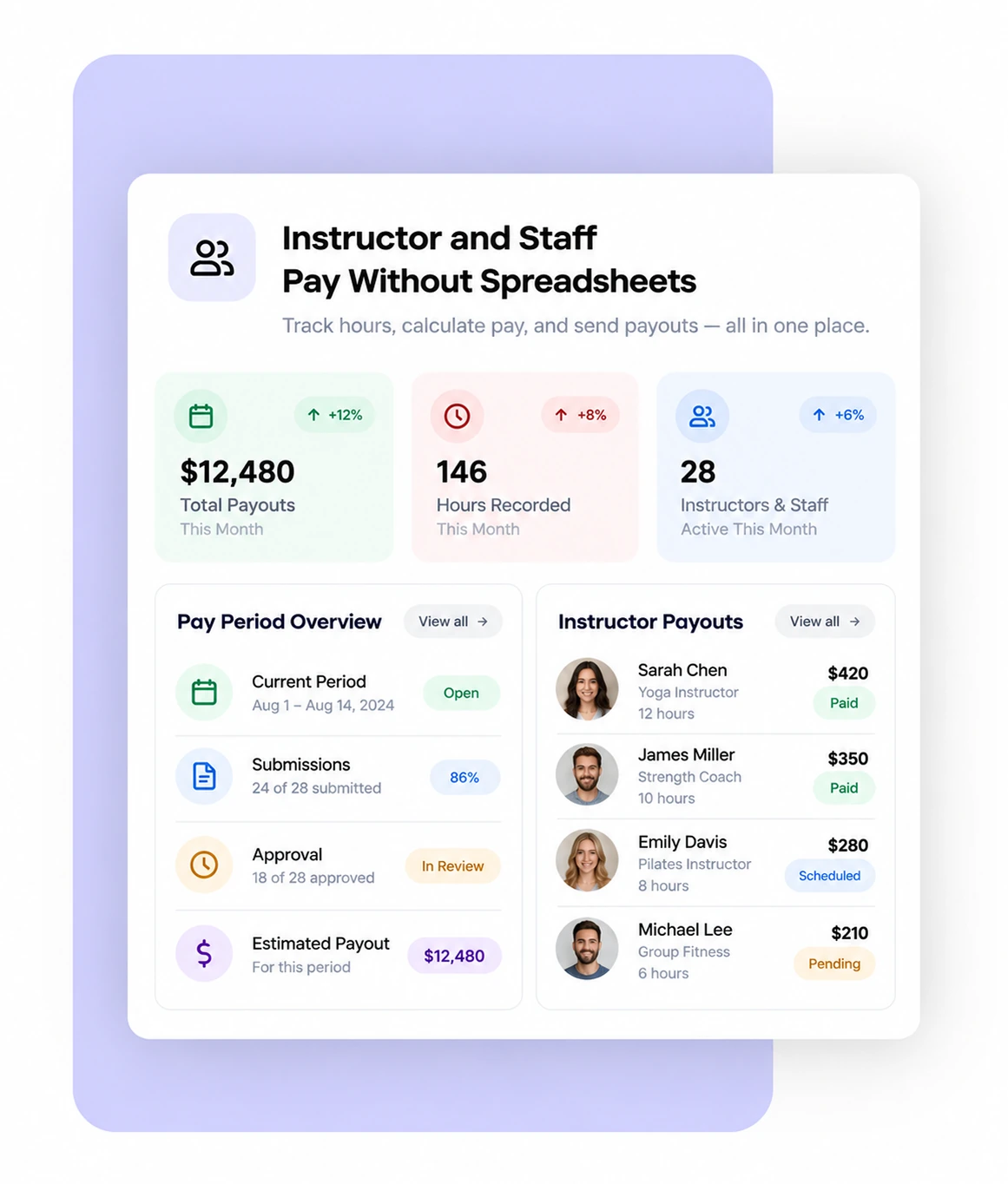 Instructor and staff payroll dashboard with pay periods and instructor payouts
