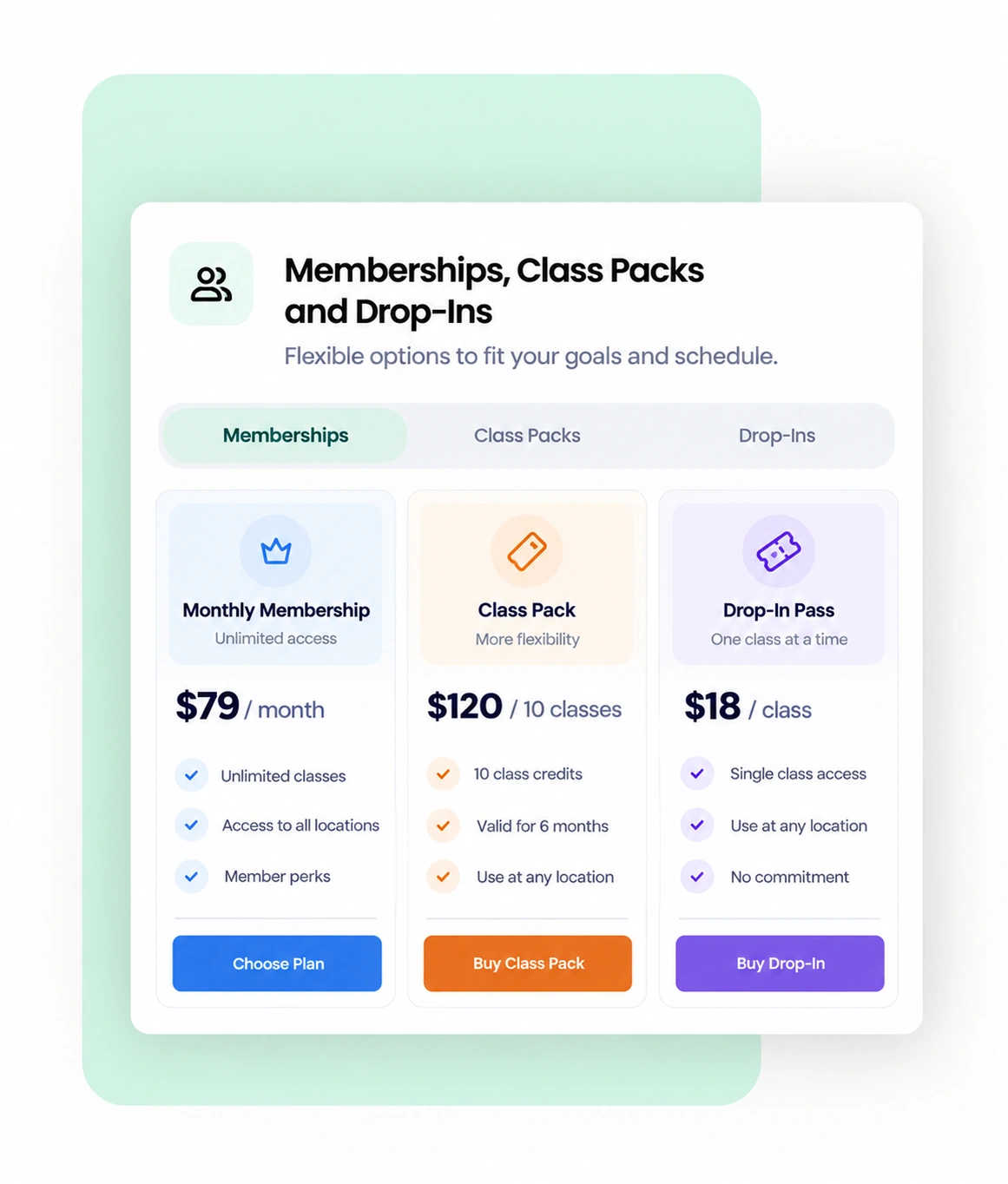 Fitness studio memberships, class packs and drop-in passes with pricing