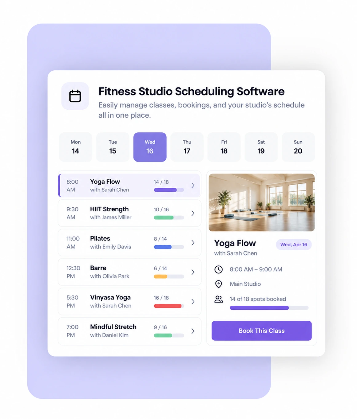 Fitness studio scheduling software with a weekly class timetable and class capacity