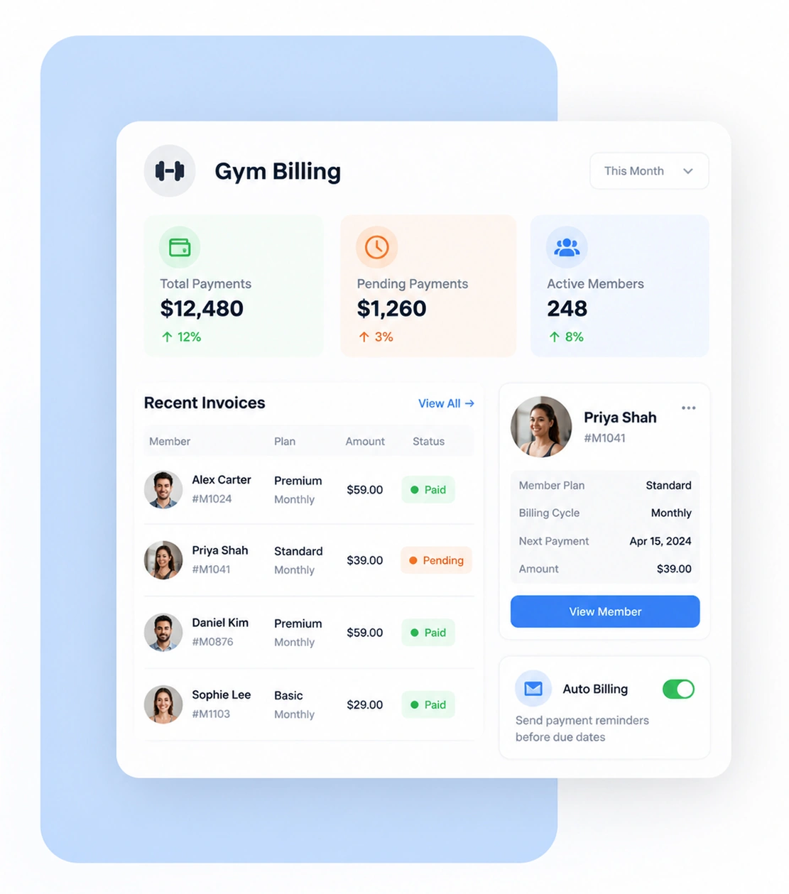 Gym billing dashboard with total payments, pending payments and recent invoices