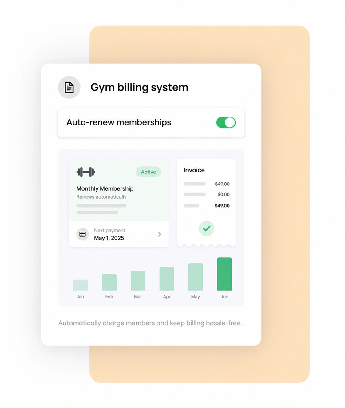 Gym billing system with auto-renew memberships, next payment date and invoice