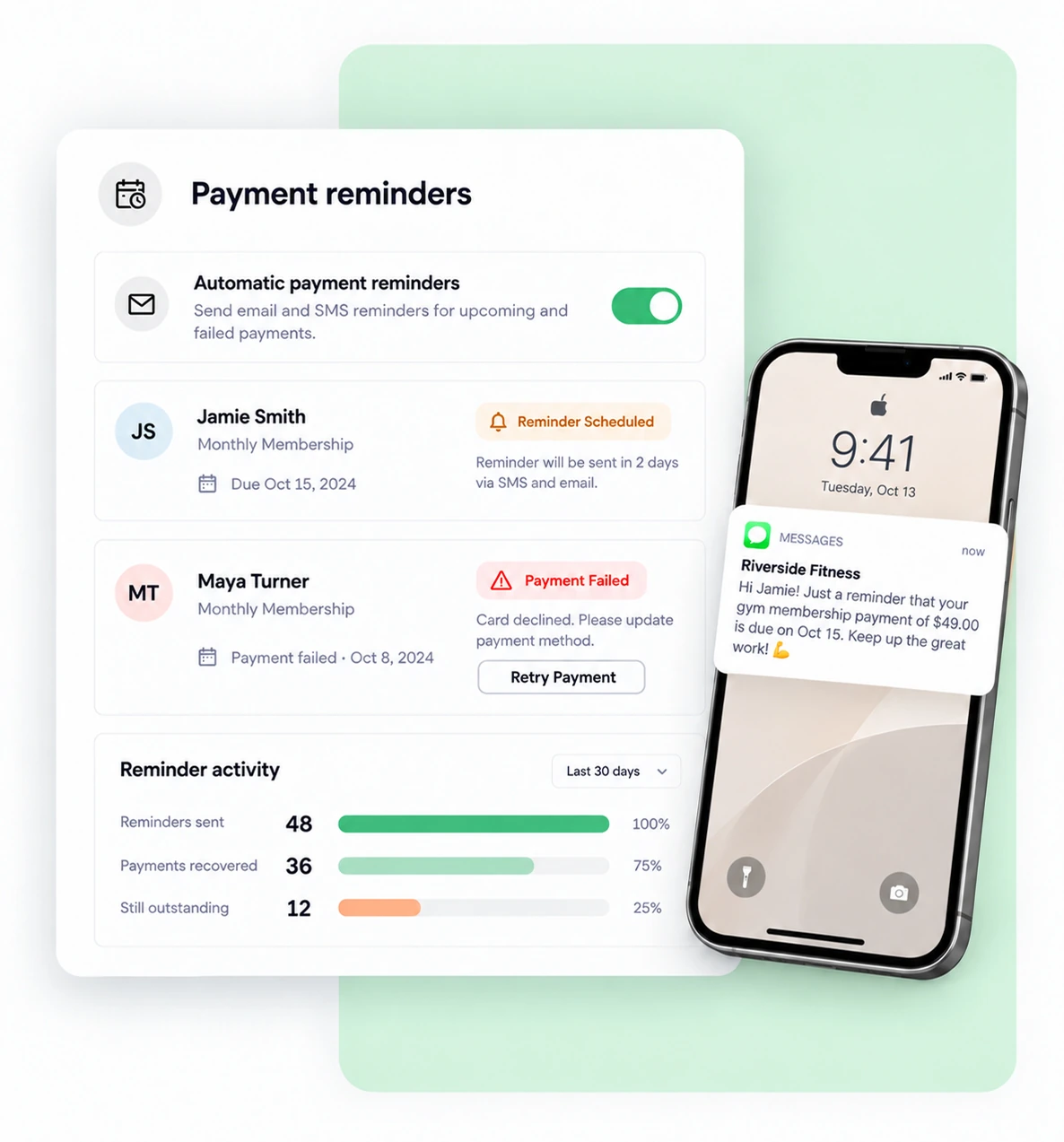 Gym payment reminders with a failed payment alert and reminder activity