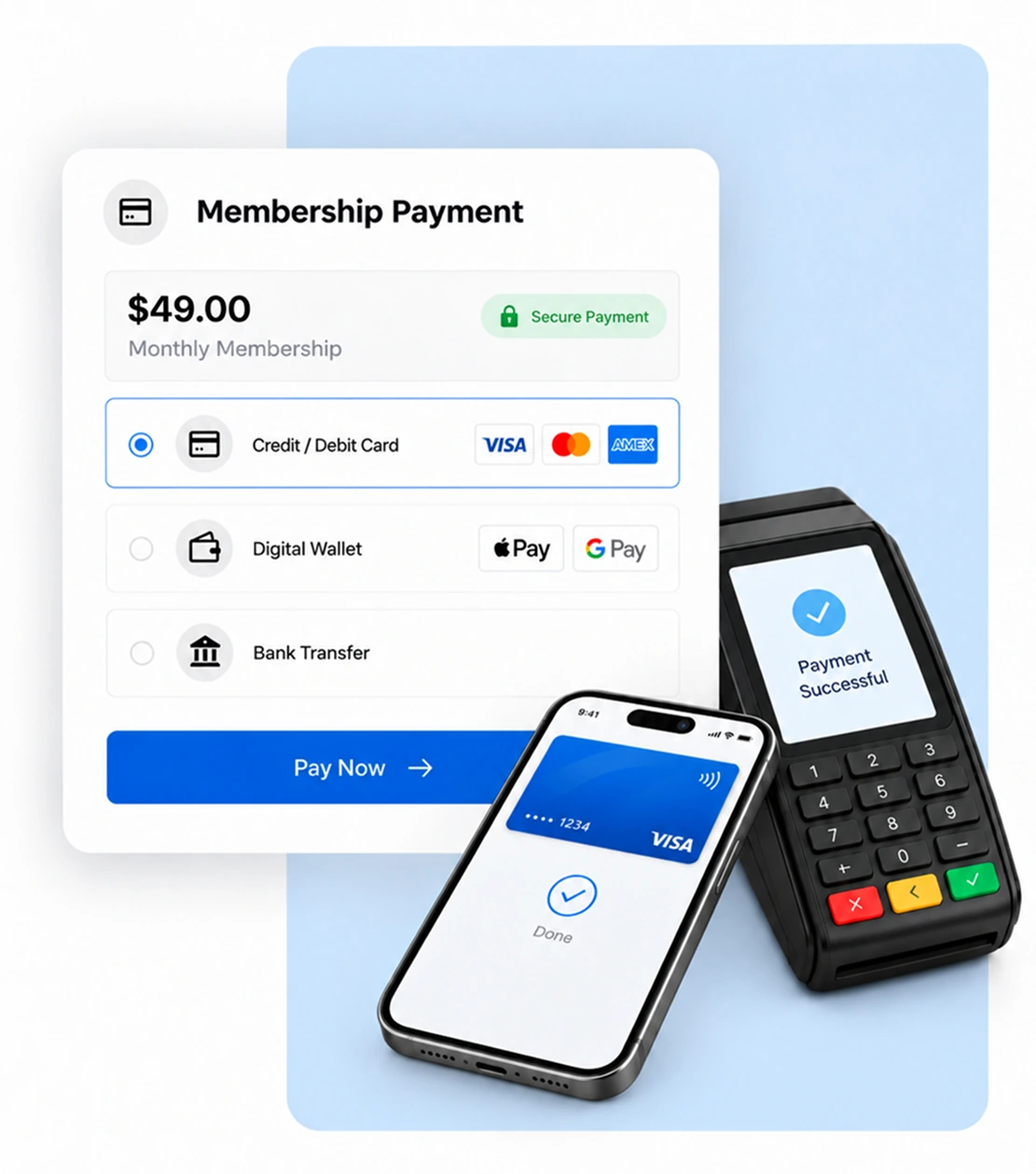 Gym payment software showing card, digital wallet and bank transfer options