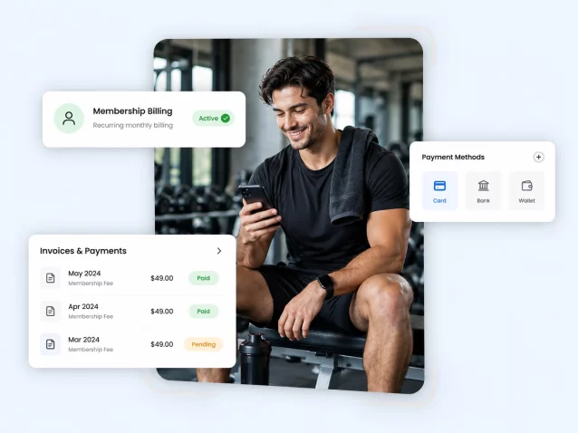Gym billing software showing membership billing, invoices and payment methods on a phone